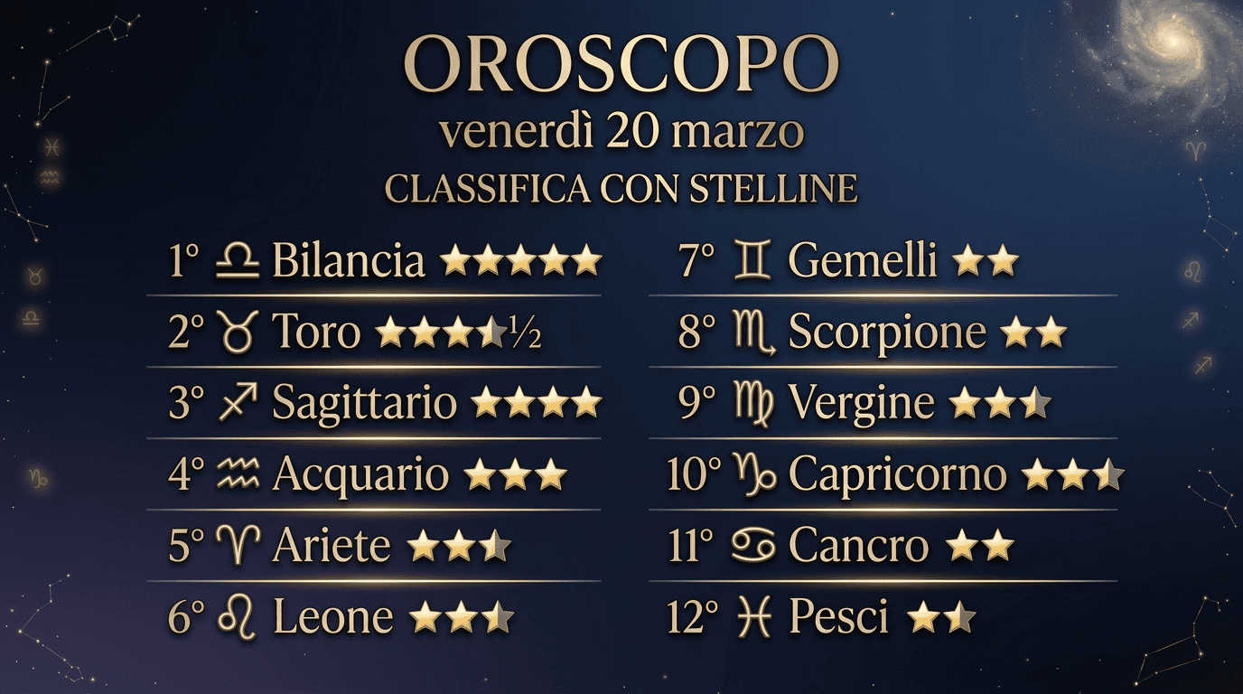 Oroscopo e classifica di venerdì 20 marzo 2026