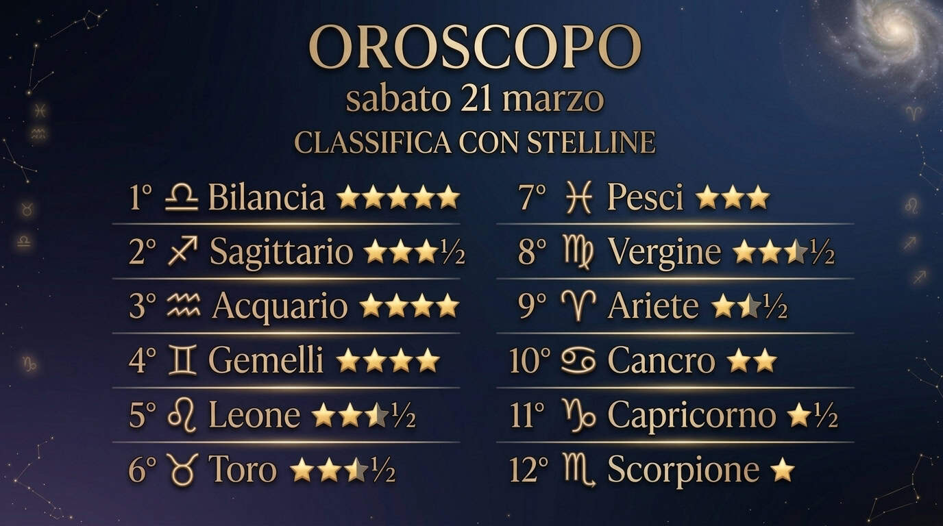 Oroscopo e classifica di sabato 21 marzo 2026: Bilancia prima