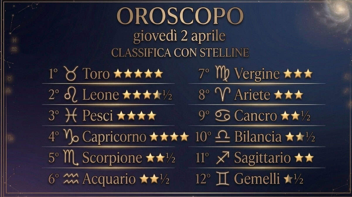 Oroscopo e classifica di giovedì 2 aprile Toro primo